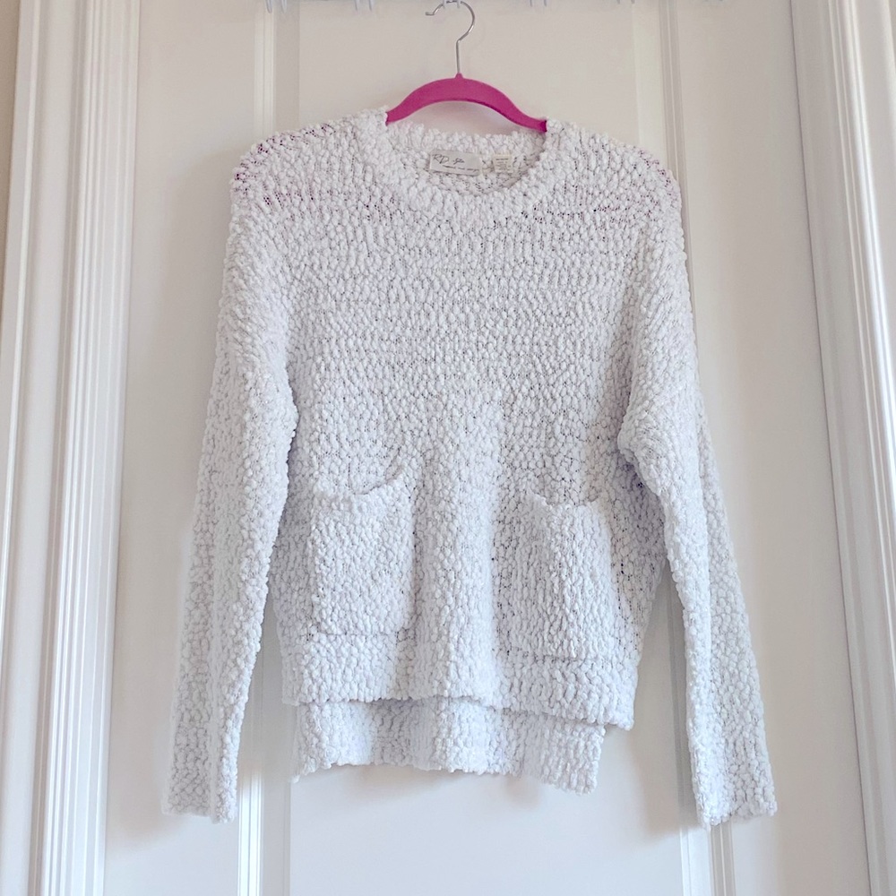 White Popcorn Knit Crochet Pocket Sweater